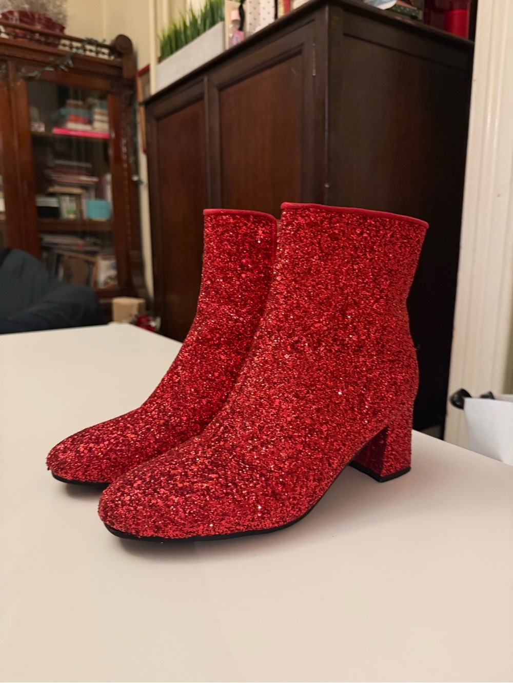 Women's Red Glitter Ankle Heeled Boots - Statement Sparkle